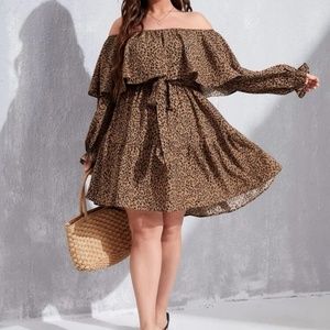 Off shoulder flounce sleeve ruffle overlay belted dress